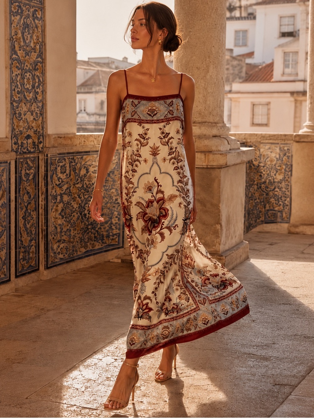 Farm Rio Scarf Print Slip Midi Dress Cream Blue Burgundy Resort Vacation Size XS
